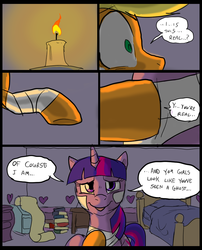 Size: 827x1025 | Tagged: safe, artist:metal-kitty, applejack, twilight sparkle, comic:mlp project, g4, candle, comic, fire, shocked