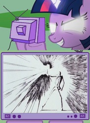 Size: 622x850 | Tagged: safe, twilight sparkle, pony, g4, exploitable meme, glowing, glowing eyes, lupin the 3rd, meme, tv meme