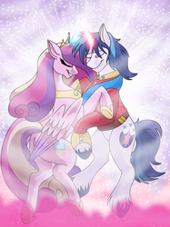 Size: 900x1206 | Tagged: safe, artist:100yearslater, princess cadance, shining armor, alicorn, pony, unicorn, g4, female, magic, male, mare, stallion