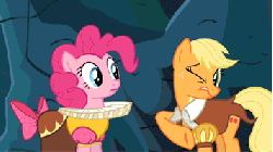 Size: 356x200 | Tagged: safe, screencap, applejack, chancellor puddinghead, pinkie pie, smart cookie, earth pony, pony, g4, hearth's warming eve (episode), season 2, animated, cute, faic, female, hearth's warming eve, hug, scrunchy face