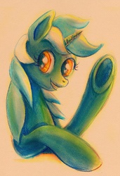 Size: 682x999 | Tagged: safe, artist:maytee, lyra heartstrings, pony, g4, bust, female, smiling, solo, traditional art