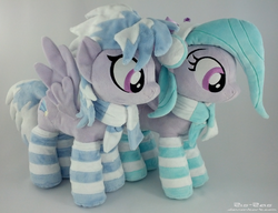 Size: 2286x1758 | Tagged: safe, artist:zizzaz, cloudchaser, flitter, pegasus, pony, g4, clothes, duo, female, irl, photo, plushie, scarf, siblings, sisters, socks, striped socks