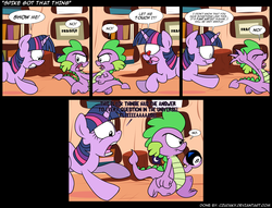 Size: 1735x1325 | Tagged: safe, artist:epulson, spike, twilight sparkle, dragon, pony, unicorn, g4, bait and switch, comic, duo, duo male and female, female, golden oaks library, grumpy spike, heart eyes, horn, magic 8 ball, male, spike is not amused, unamused, unicorn twilight, wingless spike