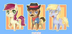 Size: 689x332 | Tagged: safe, artist:cherri-cakes, derpy hooves, roseluck, sheriff silverstar, pegasus, pony, g4, female, mare, mouth hold, muffin