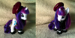 Size: 1569x792 | Tagged: safe, artist:cheri-bomb, rarity, pony, g4, beatnik rarity, beret, brushable, clothes, customized toy, hat, irl, photo, solo, toy