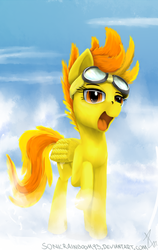 Size: 810x1282 | Tagged: safe, artist:sonicrainboom93, spitfire, pegasus, pony, g4, female, goggles, open mouth, raised hoof, solo