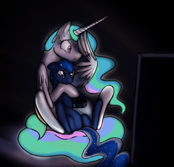 Size: 1200x1153 | Tagged: safe, artist:mickeymonster, princess celestia, princess luna, alicorn, pony, gamer luna, g4, adorable distress, cute, cutelestia, duo, duo female, ears back, female, horn, hug, mare, royal sisters, scared, scaredlestia, sisters, television, wings