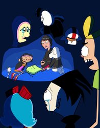 Size: 1660x2121 | Tagged: safe, artist:cartuneslover16, fluttershy, oc, oc:rocky, g4, brian griffin, codename kids next door, crossover, crying, dib membrane, dudley puppy, el tigre, family guy, frida, gir, invader zim, jimmy two-shoes, jimmy two-shoes (character), kick buttowski, kick buttowski suburban daredevil, male, non-mlp oc, rita, tuff puppy, zim