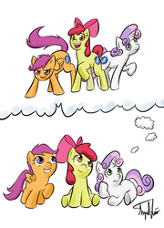 Size: 900x1251 | Tagged: safe, artist:domario, apple bloom, scootaloo, sweetie belle, g4, cutie mark crusaders, older