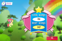 Size: 960x640 | Tagged: safe, gameloft, screencap, apple bloom, earth pony, pony, g4, my little pony: magic princess, clear the skies, glimmer wings, wings