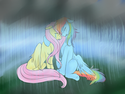 Size: 1200x900 | Tagged: safe, artist:pinkenvy, fluttershy, rainbow dash, g4, crying, female, lesbian, rain, ship:flutterdash, shipping