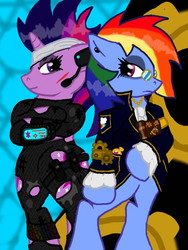 Size: 480x640 | Tagged: safe, artist:zeroexe119, rainbow dash, twilight sparkle, g4, bipedal, book, clothes, cyberpunk, future twilight, gears, headset, pda, pocket watch, steampunk, suit