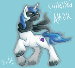 Size: 1100x1000 | Tagged: safe, artist:bunina, shining armor, pony, unicorn, g4, my little pony: friendship is magic, season 3, blue background, male, simple background, snow goggles, solo, stallion