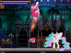 Size: 256x192 | Tagged: safe, screencap, pinkie pie, princess celestia, ponyvania: order of equestria, g4, castlevania, chubbie, female, konami, mare, platformer