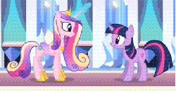 Size: 403x209 | Tagged: safe, screencap, princess cadance, twilight sparkle, alicorn, pony, unicorn, g4, season 3, the crystal empire, animated, butt shake, duo, female, gif, glowing horn, horn, mare, sisters-in-law, sunshine sunshine, unicorn twilight