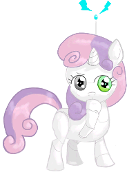Size: 374x508 | Tagged: safe, artist:hetdegon, sweetie belle, pony, robot, unicorn, g4, animated, female, filly, foal, gif, hooves, horn, octabooru, simple background, solo, sweetie bot, touching face, white background