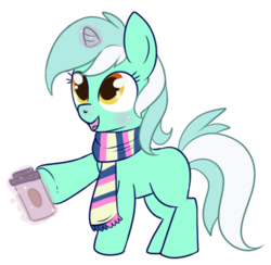 Size: 429x419 | Tagged: safe, artist:lulubell, lyra heartstrings, pony, unicorn, g4, blank flank, clothes, cup, drink, female, filly, food, hot chocolate, implied lesbian, implied lyrabon, implied shipping, magic, scarf, simple background, smiling, solo, telekinesis, transparent background, young, younger