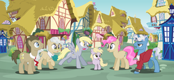 Size: 4099x1889 | Tagged: safe, artist:trotsworth, derpy hooves, dinky hooves, doctor whooves, mayor mare, time turner, earth pony, pegasus, pony, unicorn, g4, crossover, doctor who, female, mare, non-dyed mayor, pink mane, ponyville, self ponidox, tardis, the doctor, third doctor, time paradox, time travel, timelord ponidox