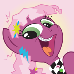 Size: 10000x10000 | Tagged: safe, artist:juniberries, cheerilee, pony, g4, 80s, 80s cheerilee, absurd resolution, braces, cheeribetes, cute, female, green eyes, happy, looking at you, open mouth, pink background, reaction image, simple background, smeel, smiling, smiling at you, solo