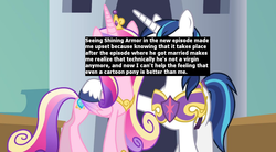 Size: 1091x602 | Tagged: safe, edit, edited screencap, screencap, queen chrysalis, shining armor, a canterlot wedding, g4, the crystal empire, fake cadance, pony confession, text
