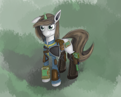 Size: 2500x2000 | Tagged: safe, artist:pantzar, oc, oc only, oc:littlepip, pony, unicorn, fallout equestria, abstract background, clothes, cutie mark, fanfic, fanfic art, female, glowing horn, gun, handgun, holster, hooves, horn, jumpsuit, little macintosh, magic, mare, optical sight, pipbuck, revolver, smiling, solo, vault suit, weapon