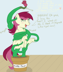 Size: 578x667 | Tagged: safe, artist:darkknighthoof, artist:varikki, roseluck, earth pony, pony, g4, blushing, bondage, colored, female, hoof fetish, hoof tickling, hooves, mare, plant, tickle torture, tickling, underhoof, vine