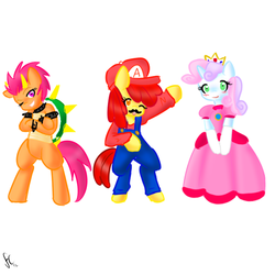 Size: 800x800 | Tagged: safe, artist:fatcakes, apple bloom, scootaloo, sweetie belle, earth pony, pony, g4, 30 minute art challenge, bipedal, bowser, cosplay, costume, cutie mark crusaders, male, mario, nintendo, princess peach, simple background, super mario bros., white background