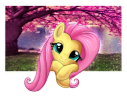 Size: 791x646 | Tagged: safe, artist:lova-gardelius, fluttershy, pegasus, pony, g4, cute, female, leaning on the fourth wall, looking at you, mare, shyabetes, solo, tree