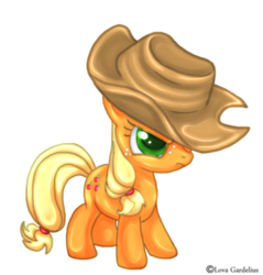 Size: 475x496 | Tagged: safe, artist:lova-gardelius, applejack, pony, g4, cute, female, filly, filly applejack, hat, jackabetes, simple background, solo, younger
