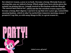 Size: 800x600 | Tagged: safe, pinkie pie, earth pony, pony, g4, season 3, bipedal, female, hat, hype, misspelling, party, party hat, party horn, solo, text, welcome to the herd