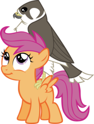 Size: 2615x3464 | Tagged: safe, artist:astringe, scootaloo, bird, falcon, pegasus, peregrine falcon, pony, g4, female, filly, pet, simple background, solo, transparent background, vector