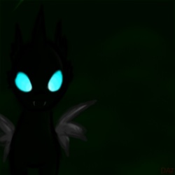 Size: 500x500 | Tagged: safe, artist:danadyu, changeling, bust, fangs, glowing, glowing eyes, solo