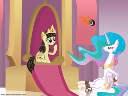 Size: 4000x3000 | Tagged: safe, artist:jrenon, princess celestia, wild fire, g4, crown, sibsy, throne