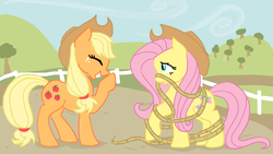 Size: 1366x768 | Tagged: source needed, safe, artist:bux, applejack, fluttershy, g4, hat, lasso, rope