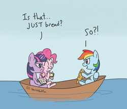 Size: 700x600 | Tagged: safe, artist:spicyhamsandwich, pinkie pie, rainbow dash, twilight sparkle, earth pony, pegasus, pony, unicorn, g4, boat, bread, sandwich, unicorn twilight