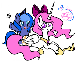 Size: 700x557 | Tagged: safe, artist:snow angel, princess celestia, princess luna, pony, g4, cute, cutelestia, filly, japanese, pink-mane celestia, pixiv, woona