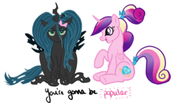 Size: 1080x639 | Tagged: safe, artist:cluttercluster, princess cadance, queen chrysalis, alicorn, changeling, changeling queen, pony, g4, female, ribbon, simple background, transparent background, wicked