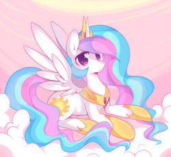 Size: 900x828 | Tagged: safe, artist:pekou, princess celestia, pony, g4, cloud, cloudy, female, prone, solo, spread wings, worried