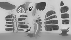 Size: 1920x1080 | Tagged: safe, rainbow dash, pegasus, pony, g4, black and white, blurred, book, golden oaks library, grayscale, library, monochrome, old, old photo