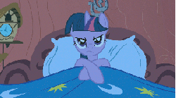 Size: 300x167 | Tagged: safe, edit, edited screencap, screencap, twilight sparkle, pony, unicorn, g4, look before you sleep, season 1, animated, can't deal with it, deal with it, female, flailing, golden oaks library, solo, subversion, subverted meme, sunglasses, twilighting, unamused, unicorn twilight