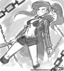 Size: 906x1000 | Tagged: safe, artist:johnjoseco, princess luna, human, g4, black rock shooter, chains, crossover, female, grayscale, humanized, monochrome, solo, sword, warrior luna, weapon