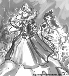 Size: 906x1000 | Tagged: safe, artist:johnjoseco, derpy hooves, princess celestia, princess luna, human, protoss, g4, crossover, dark templar, grayscale, high templar, humanized, monochrome, starcraft