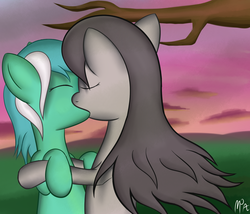 Size: 1280x1096 | Tagged: safe, artist:mostlyponyart, lyra heartstrings, octavia melody, earth pony, pony, unicorn, g4, duo, female, kiss on the lips, kissing, lesbian, mare, ship:octyra, shipping