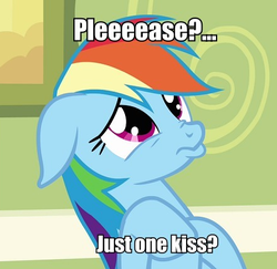 Size: 445x432 | Tagged: safe, edit, edited screencap, screencap, rainbow dash, pony, g4, read it and weep, bronybait, cropped, female, floppy ears, image macro, implied kissing, nose wrinkle, pouting, sad, solo