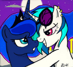 Size: 602x548 | Tagged: safe, artist:mareofthenight, dj pon-3, princess luna, vinyl scratch, g4, :o, bedroom eyes, boop, earring, eye contact, female, grin, hug, lesbian, noseboop, shipping, smiling, vinyluna