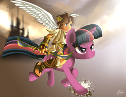 Size: 5000x3864 | Tagged: safe, artist:zelc-face, twilight sparkle, angel, human, unicorn, g4, crossover, humanized, humans riding ponies, kid icarus, kid icarus: uprising, pit (kid icarus), riding, winged humanization, wings