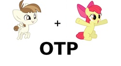 Size: 1024x563 | Tagged: safe, apple bloom, featherweight, earth pony, pegasus, pony, g4, colt, crack shipping, exploitable meme, female, filly, foal, male, meme, otp, ship:featherbloom, shipping, simple background, spider-man, straight, vector, white background