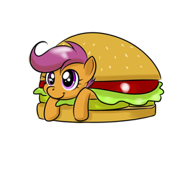 Size: 2000x2000 | Tagged: dead source, safe, artist:kloudmutt, scootaloo, pony, g4, burger, chicken burger, cute, cutealoo, female, food, hamburger, ponies in food, scootaburger, scootachicken, simple background, solo, white background