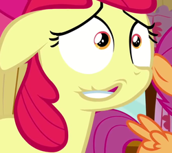 Size: 716x638 | Tagged: safe, edit, edited screencap, screencap, apple bloom, g4, hearts and hooves day (episode), clubhouse, cropped, crusaders clubhouse, floppy ears, hearts and hooves day, inverted mouth, offscreen character, solo focus