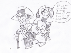 Size: 1084x809 | Tagged: safe, artist:joey darkmeat, trixie, twilight sparkle, human, pony, g4, backpack, crossover, funny, jar, jarate, joke, lineart, meme, monochrome, pee in container, plushie, sketch, sniper, sniper (tf2), speech bubble, sunglasses, team fortress 2, traditional art, urine